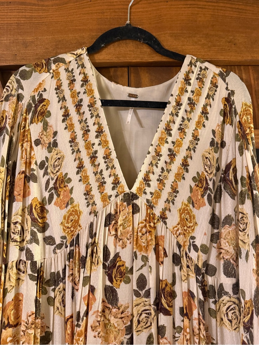 Free People Floral V-Neck Tiered Midi Dress in Cream and Mustard - Picture 2 of 4
